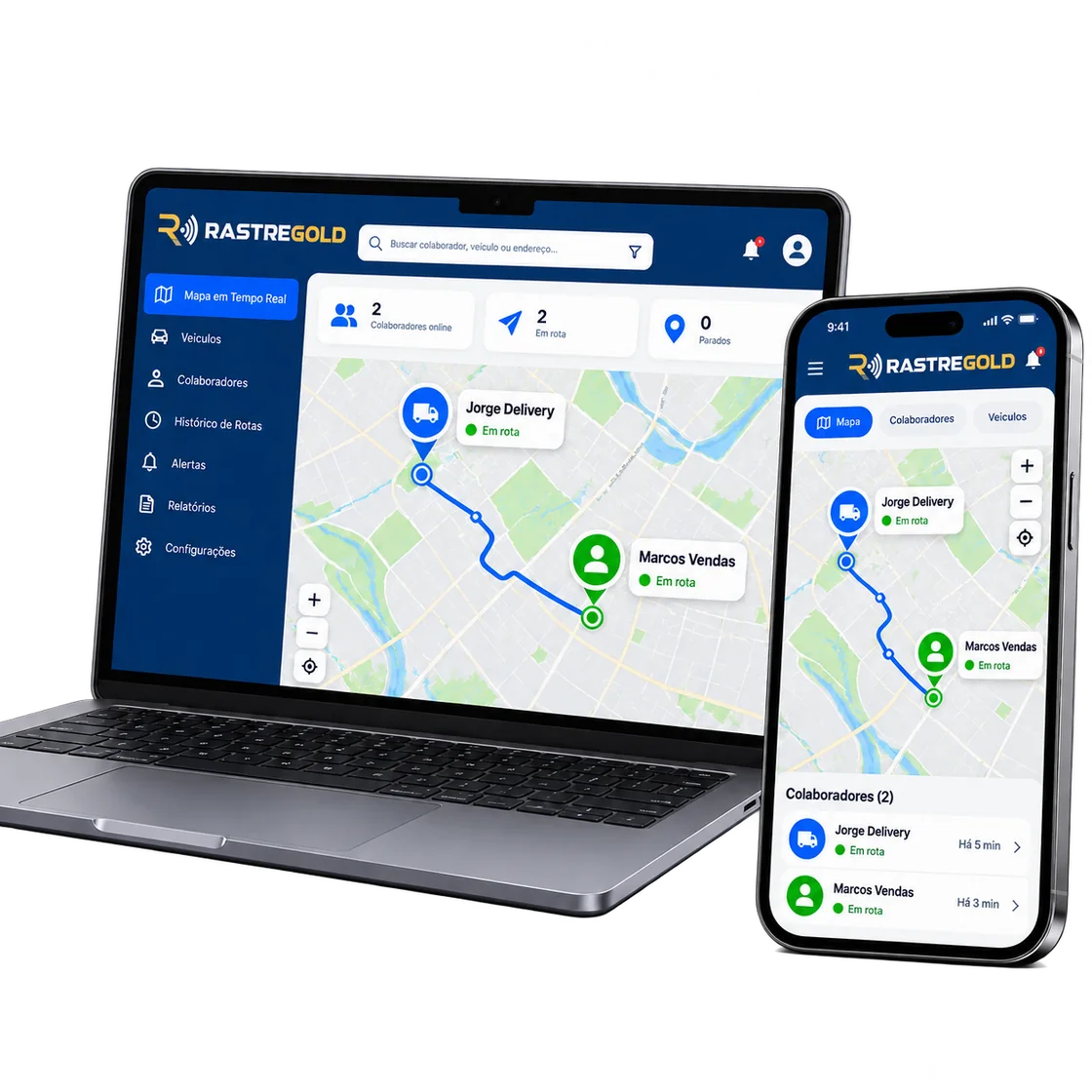 Painel Web Rastregold no computador e app no celular com a localização no mapa