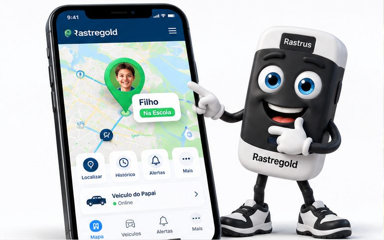App Rastregold no celular com o mascote Rastrus