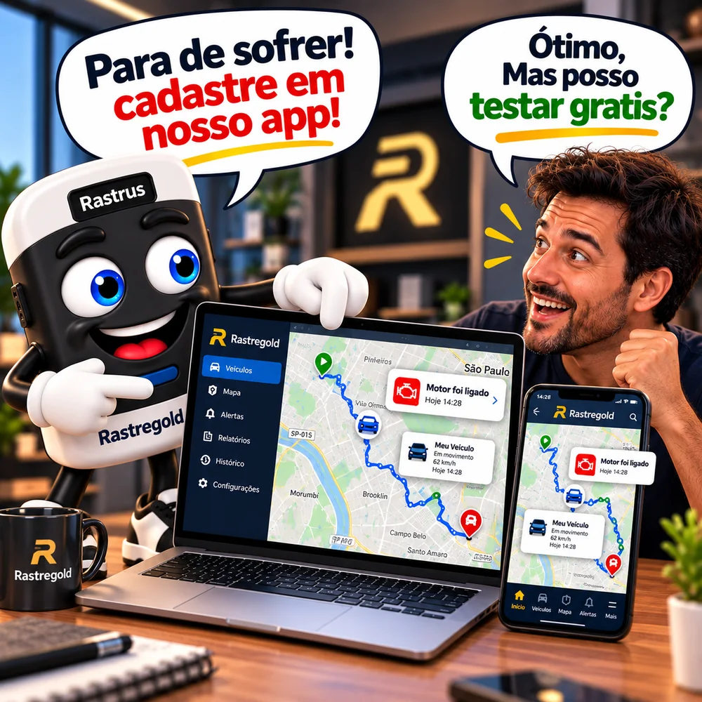 Rastrus mostrando o veículo no mapa da Rastregold no computador e no celular